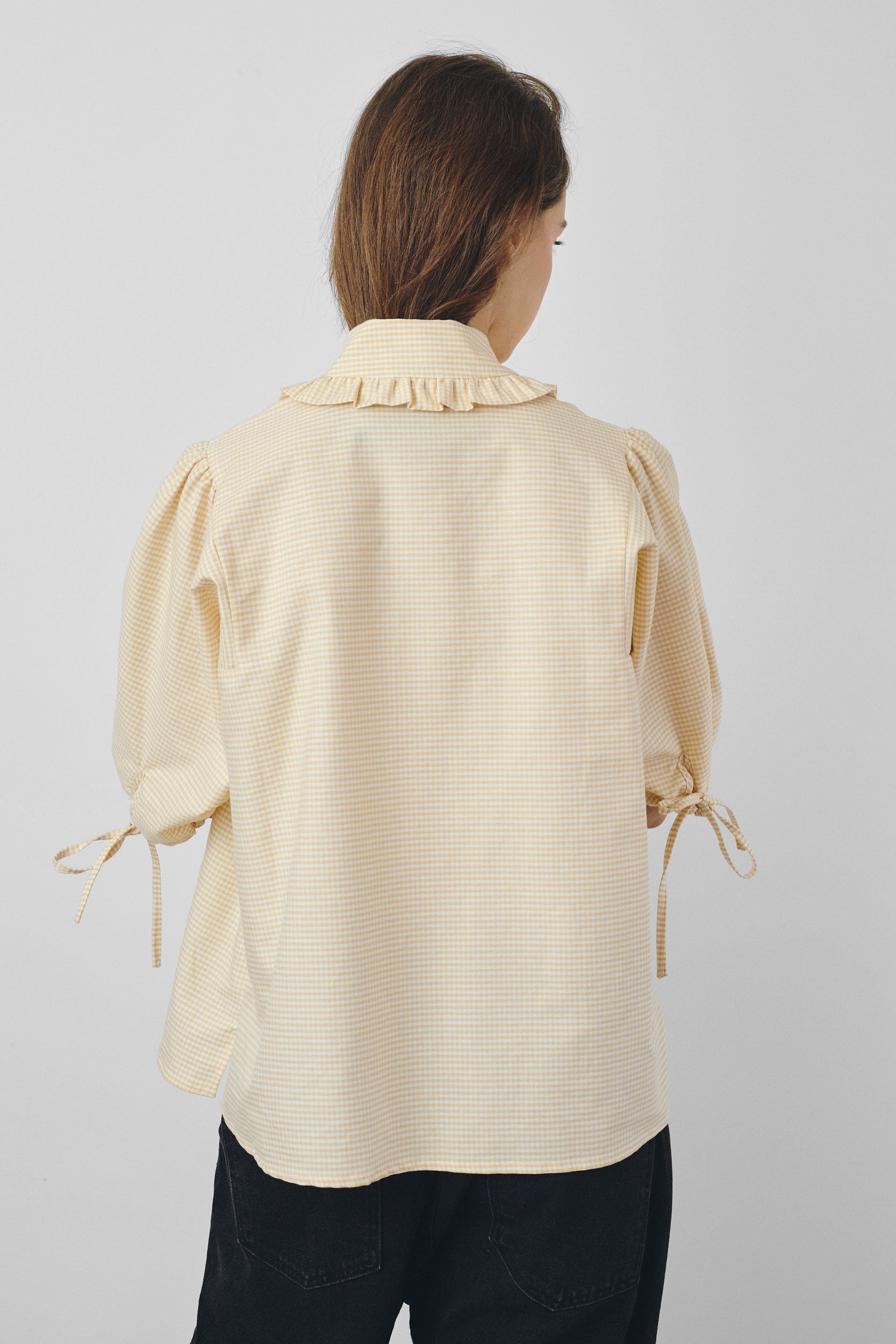 Yellow gingham shirt with ruffled collar