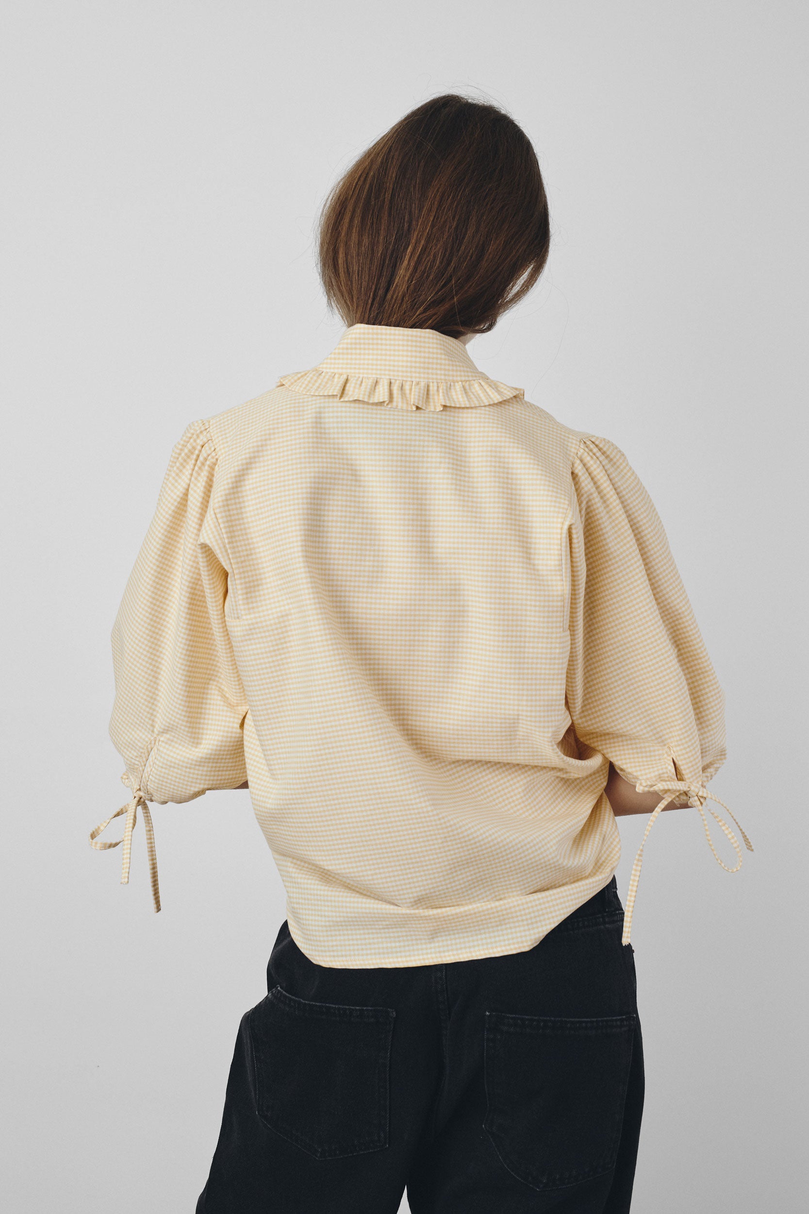 Yellow gingham shirt with ruffled collar