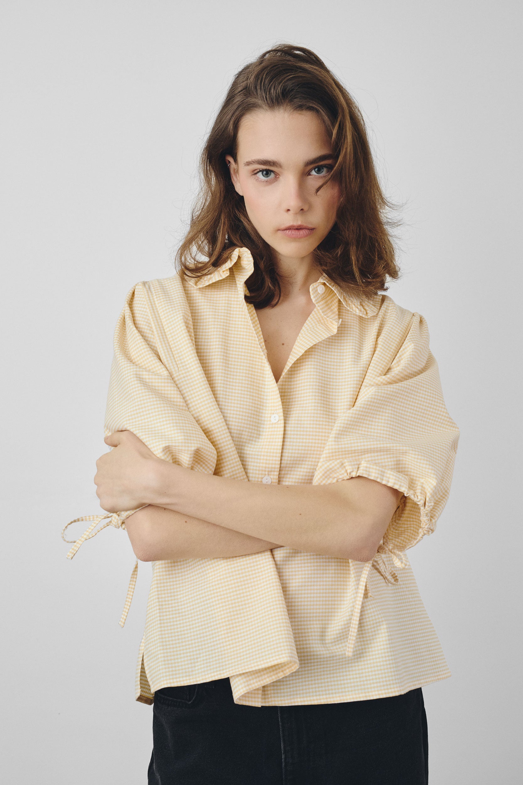 Yellow gingham shirt with ruffled collar