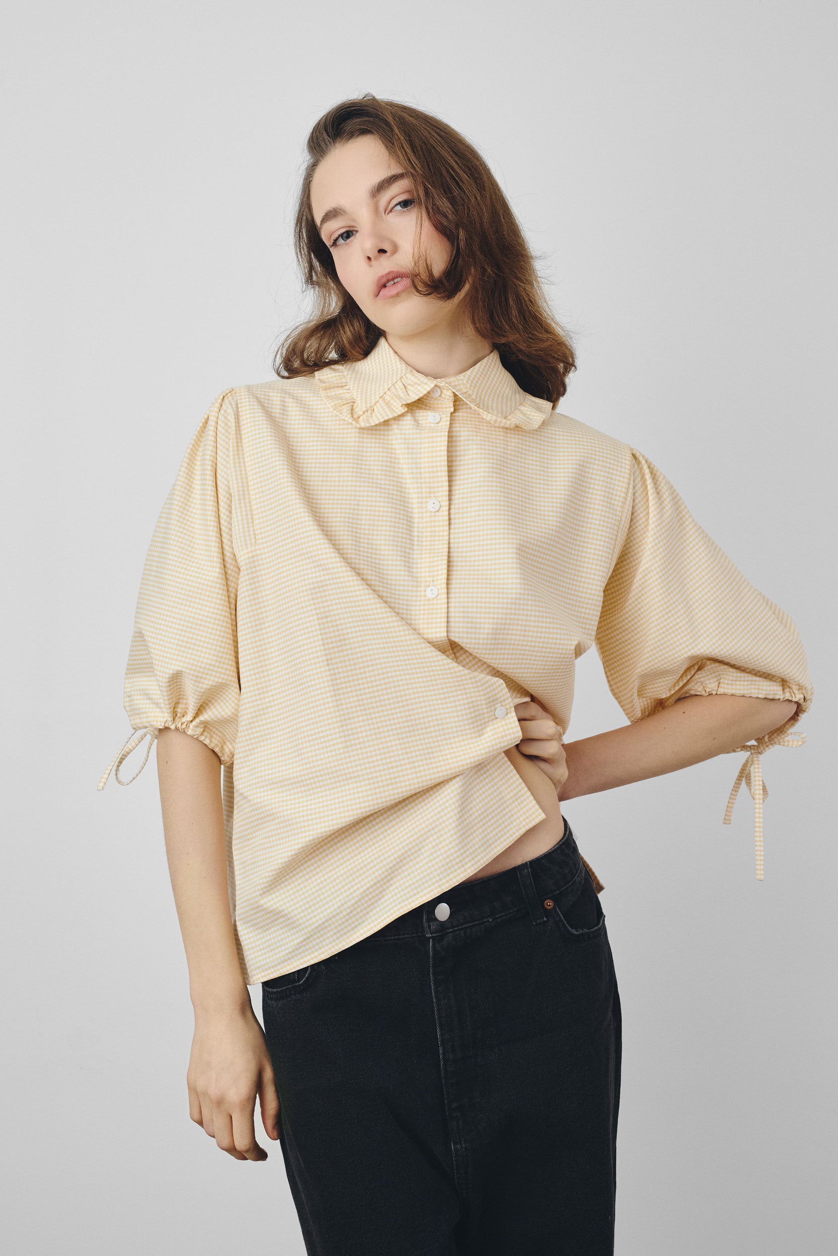 Yellow gingham shirt with ruffled collar