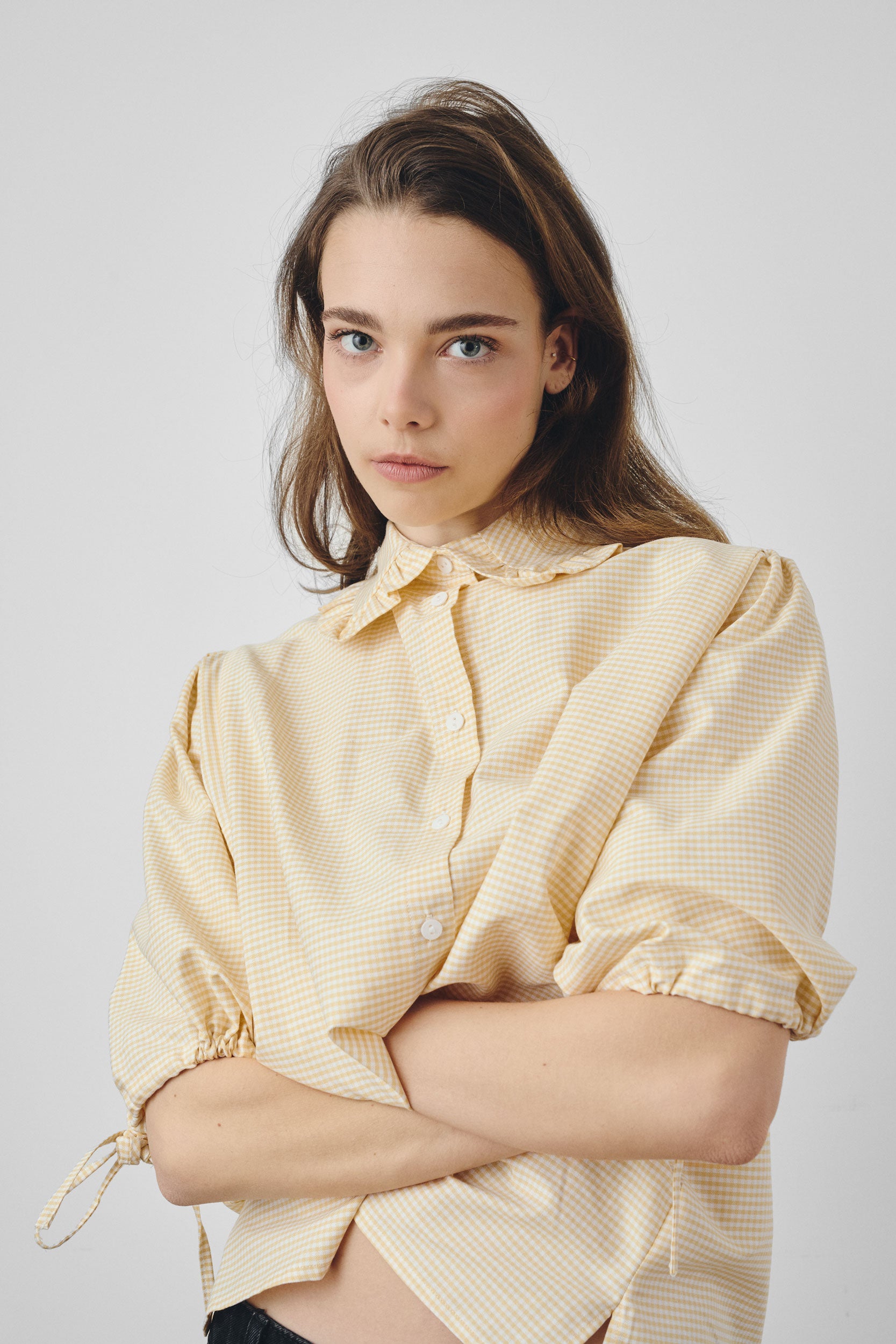 Yellow gingham shirt with ruffled collar