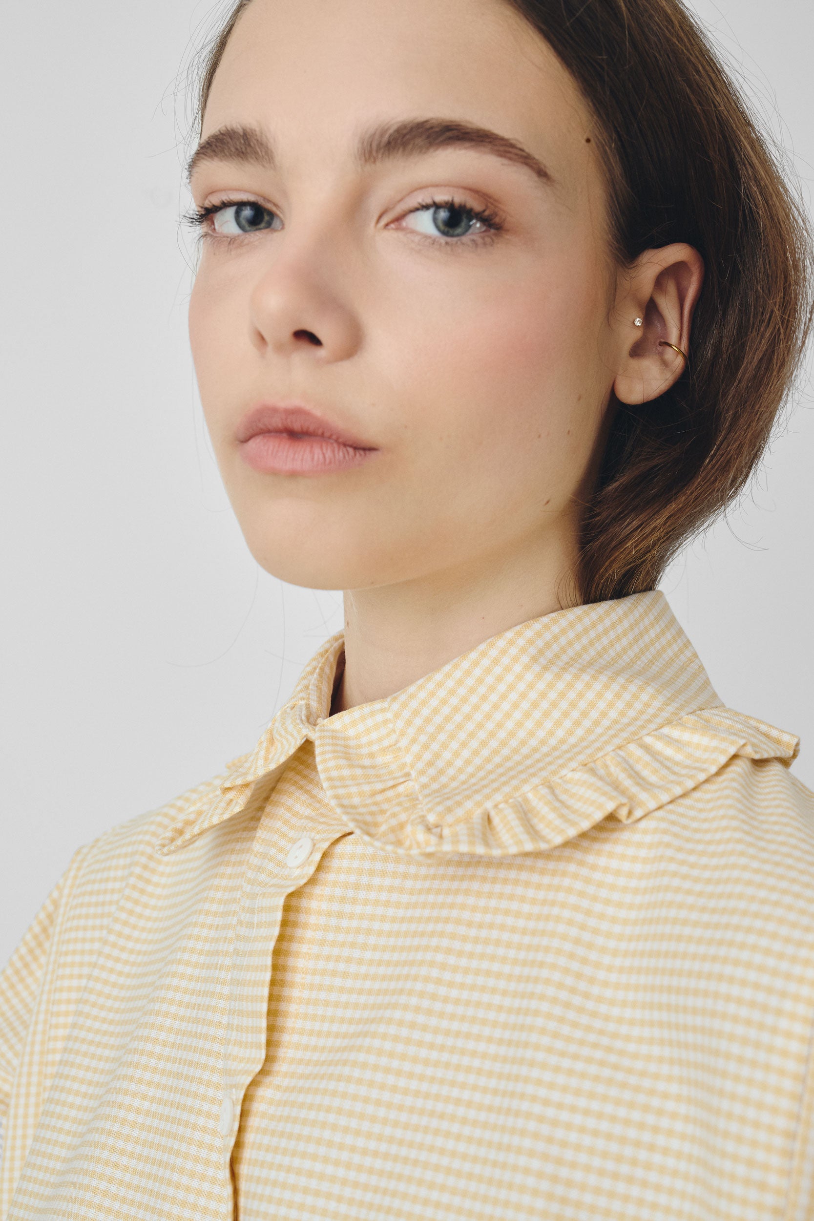 Yellow gingham shirt with ruffled collar