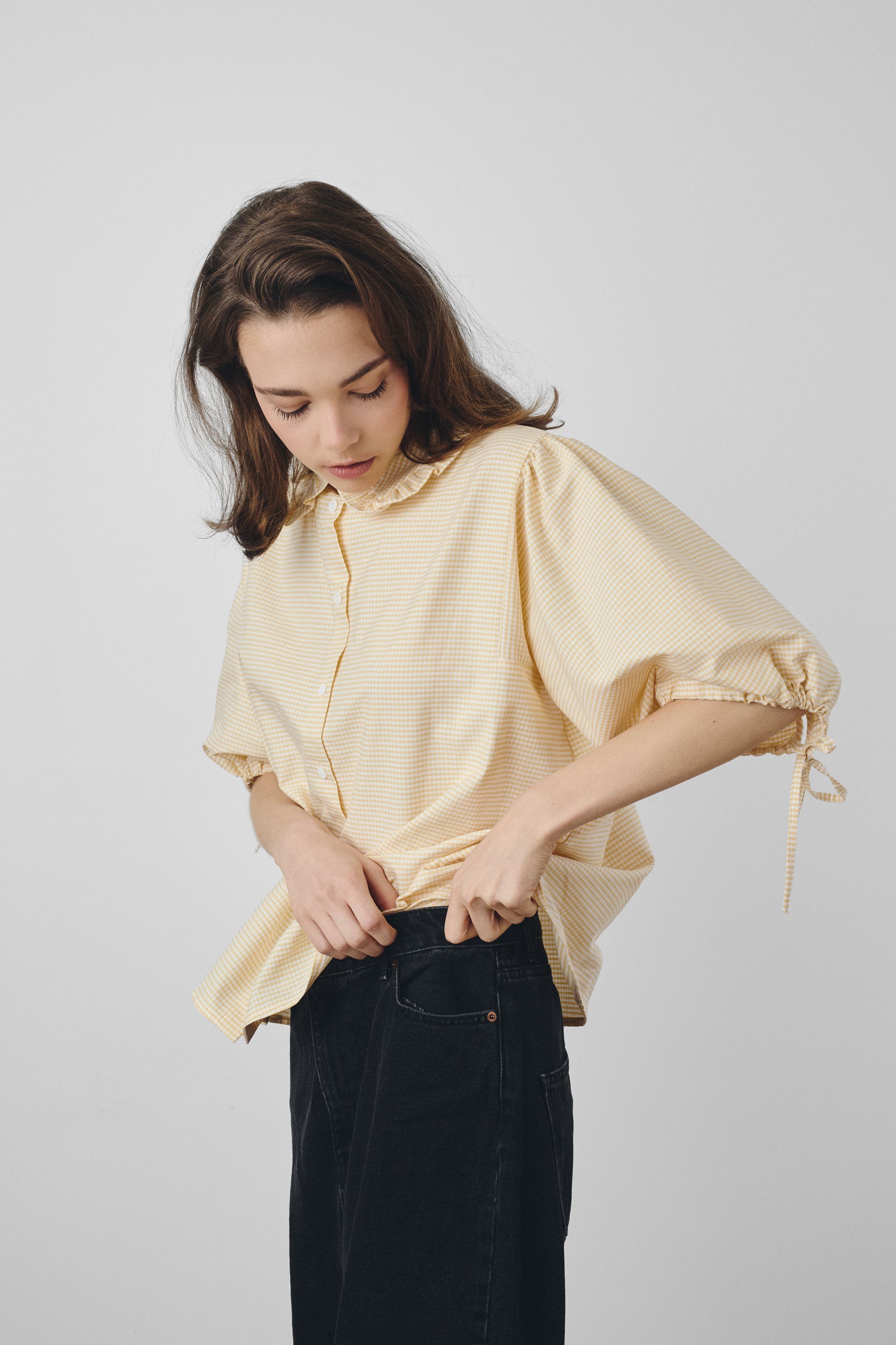 Yellow gingham shirt with ruffled collar