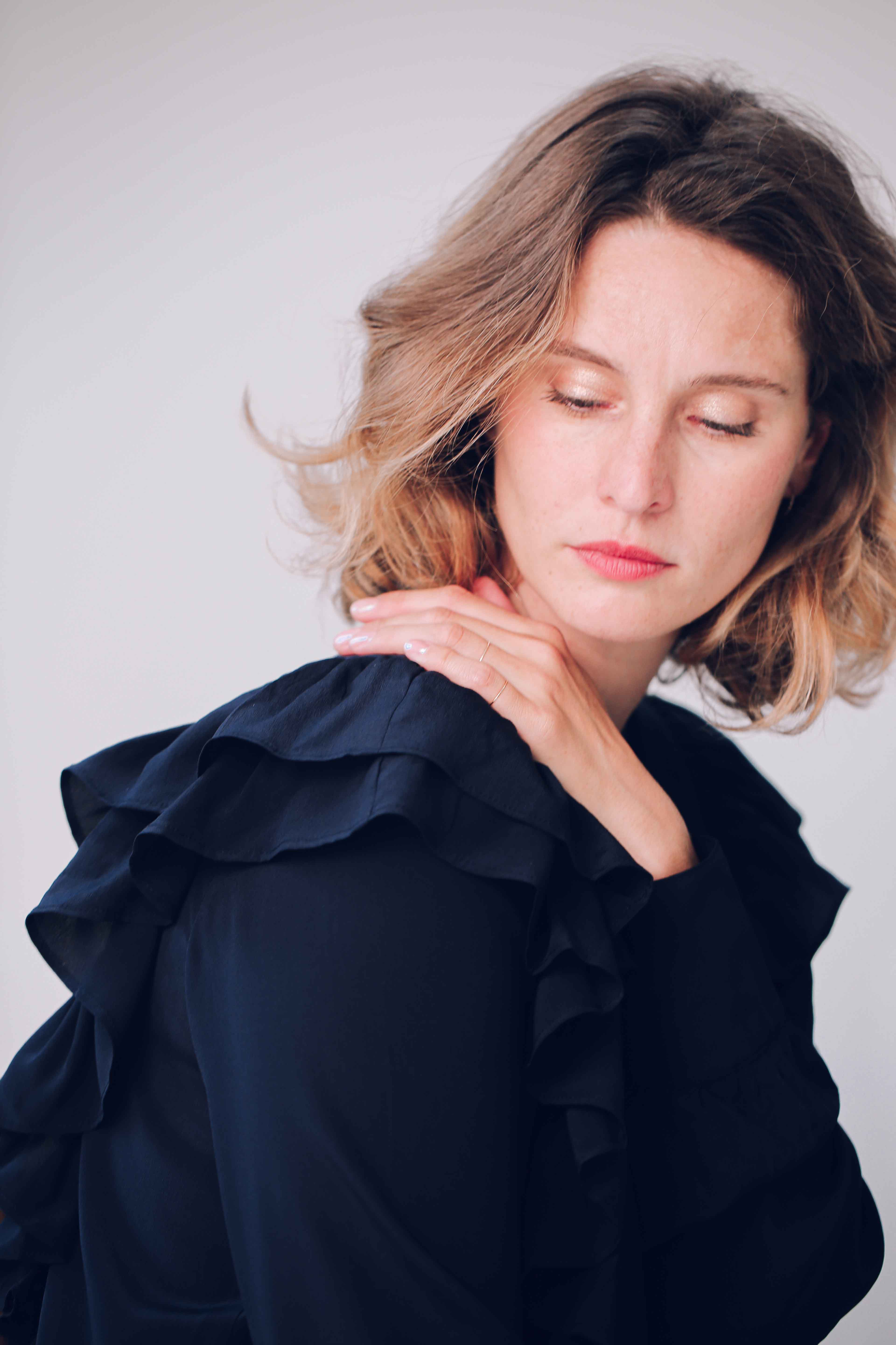 Navy ruffled silk blouse