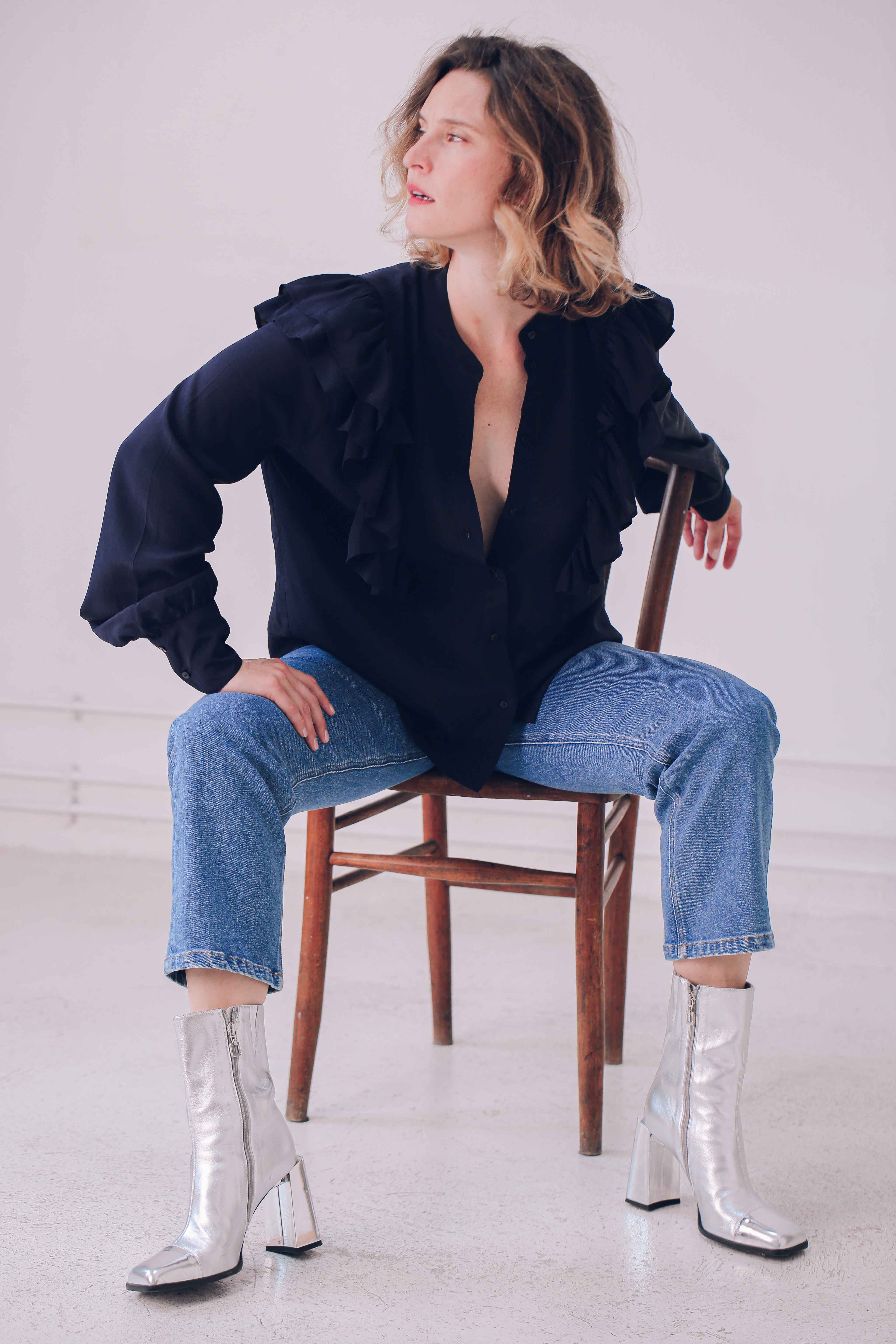 Navy ruffled silk blouse