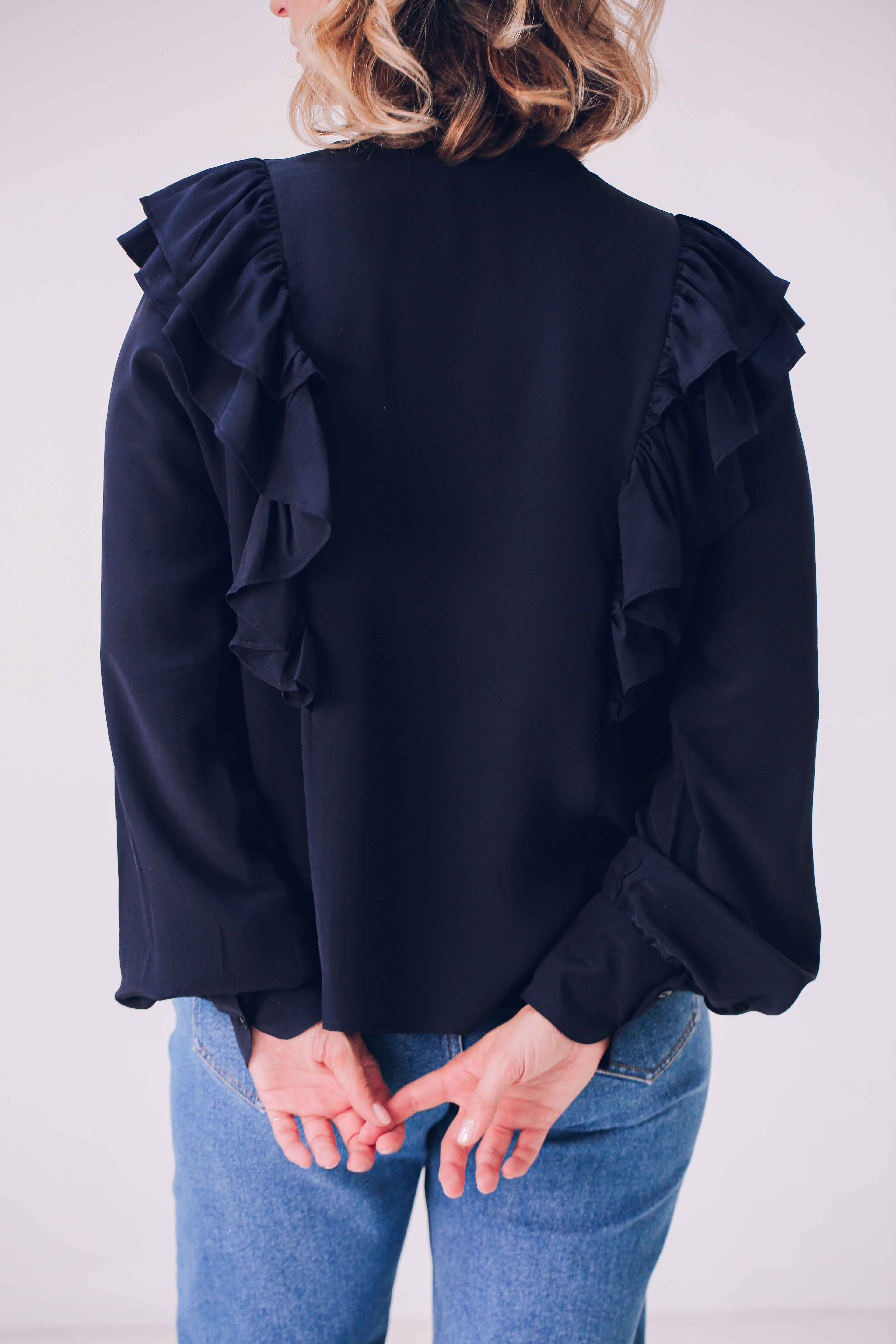 Navy ruffled silk blouse