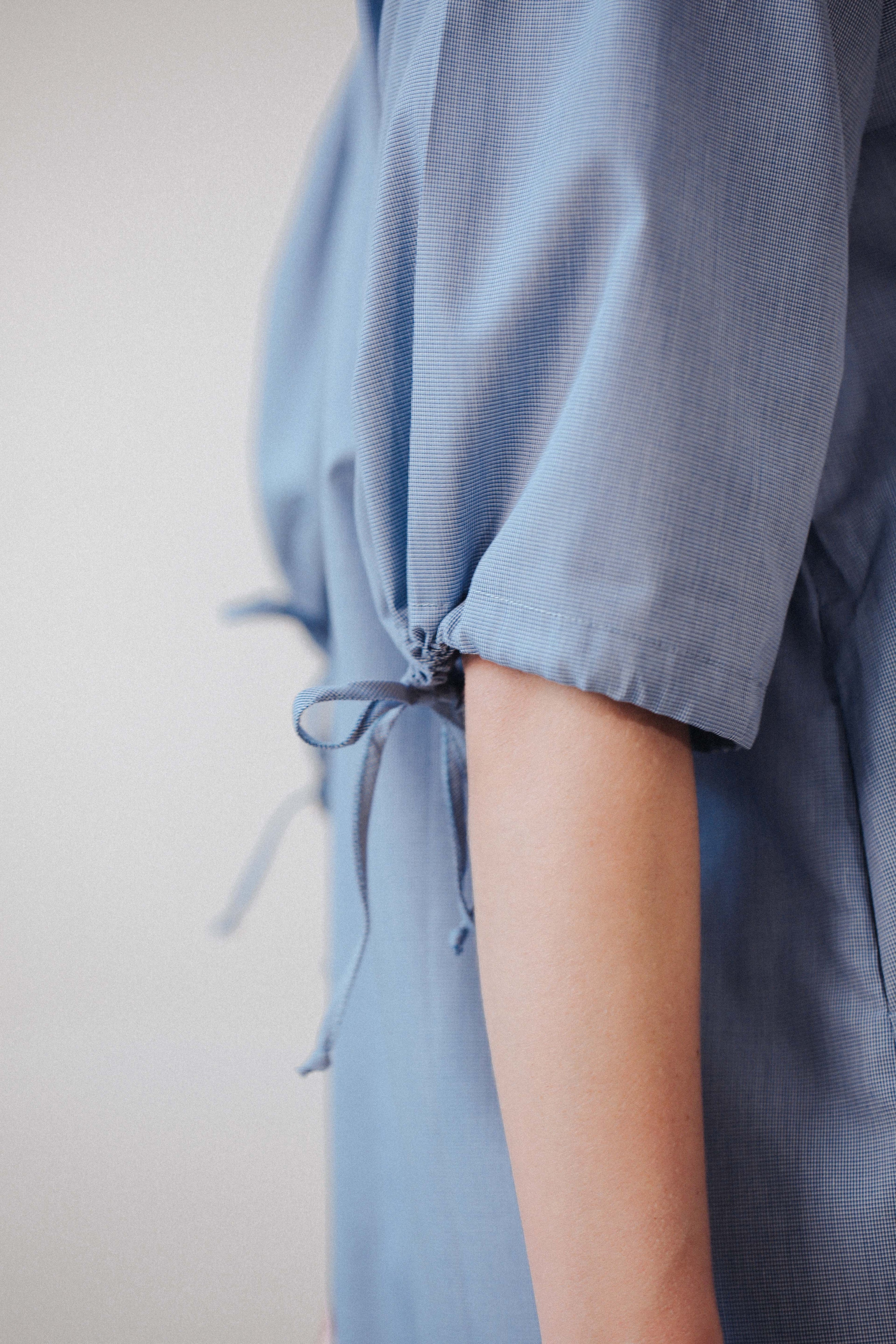 Robe chemisier bleu à petits carreaux pour femme Romée | Col mao