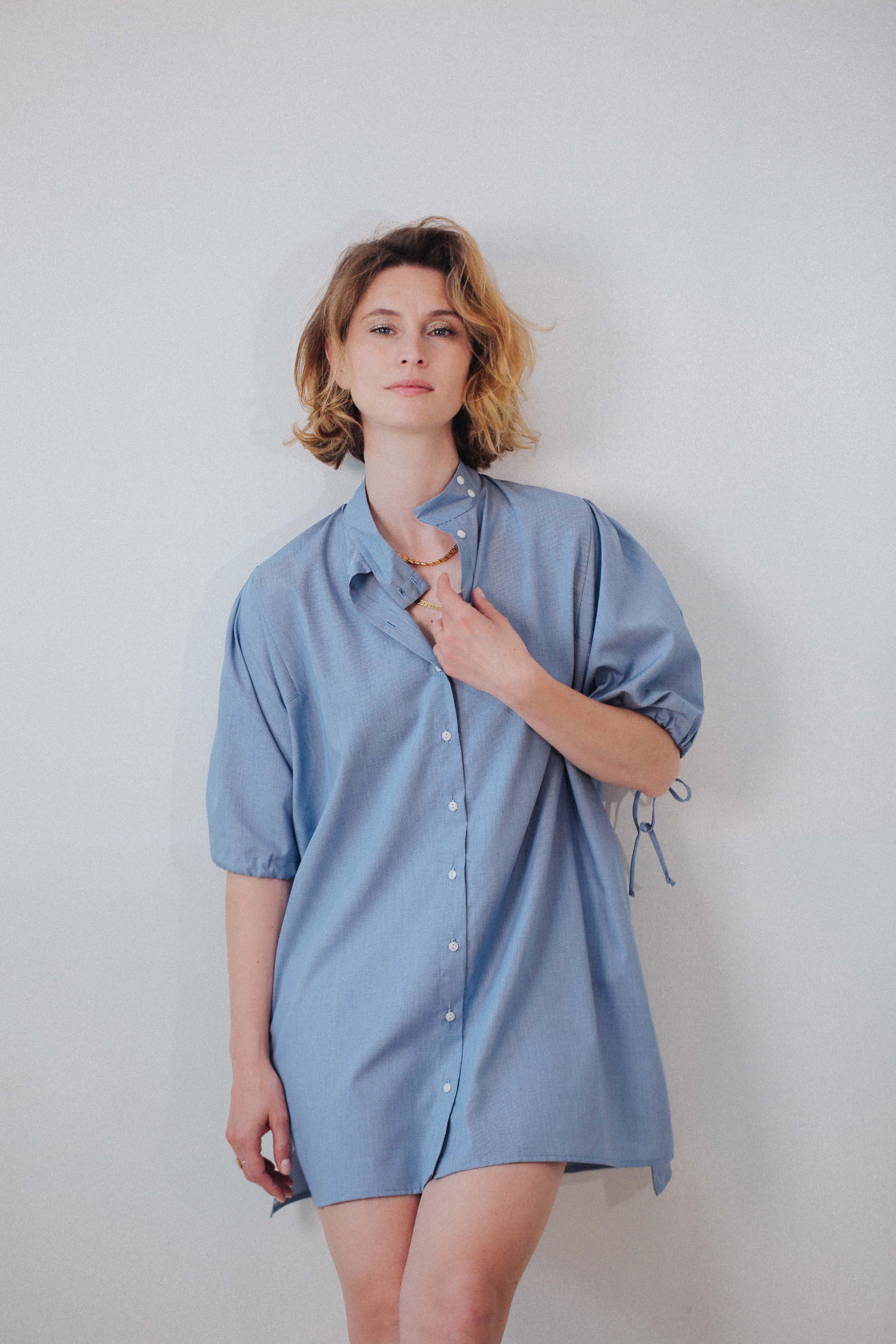 Robe chemisier bleu à petits carreaux pour femme Romée | Robe Chemisier Luxe