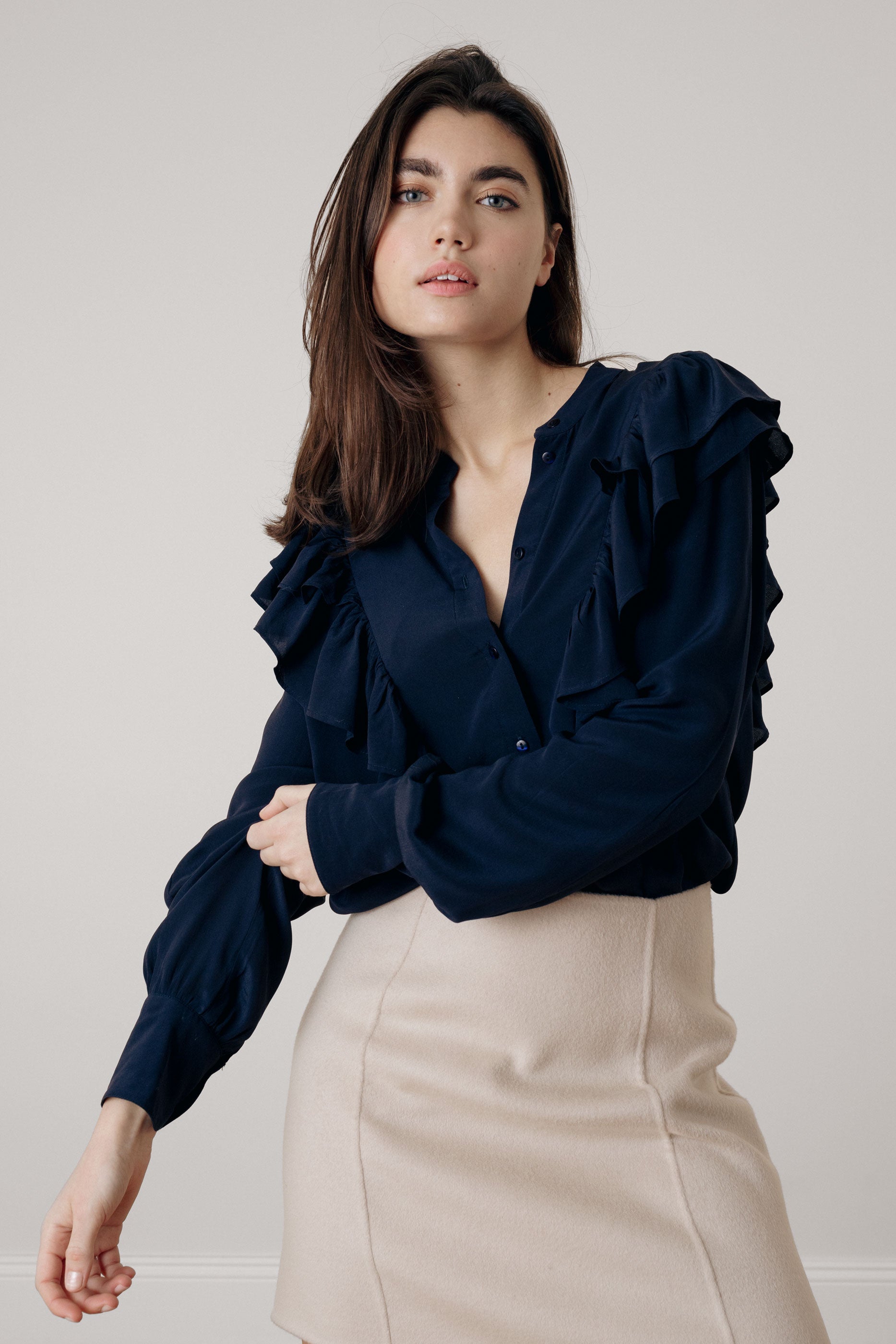 Navy ruffled silk blouse