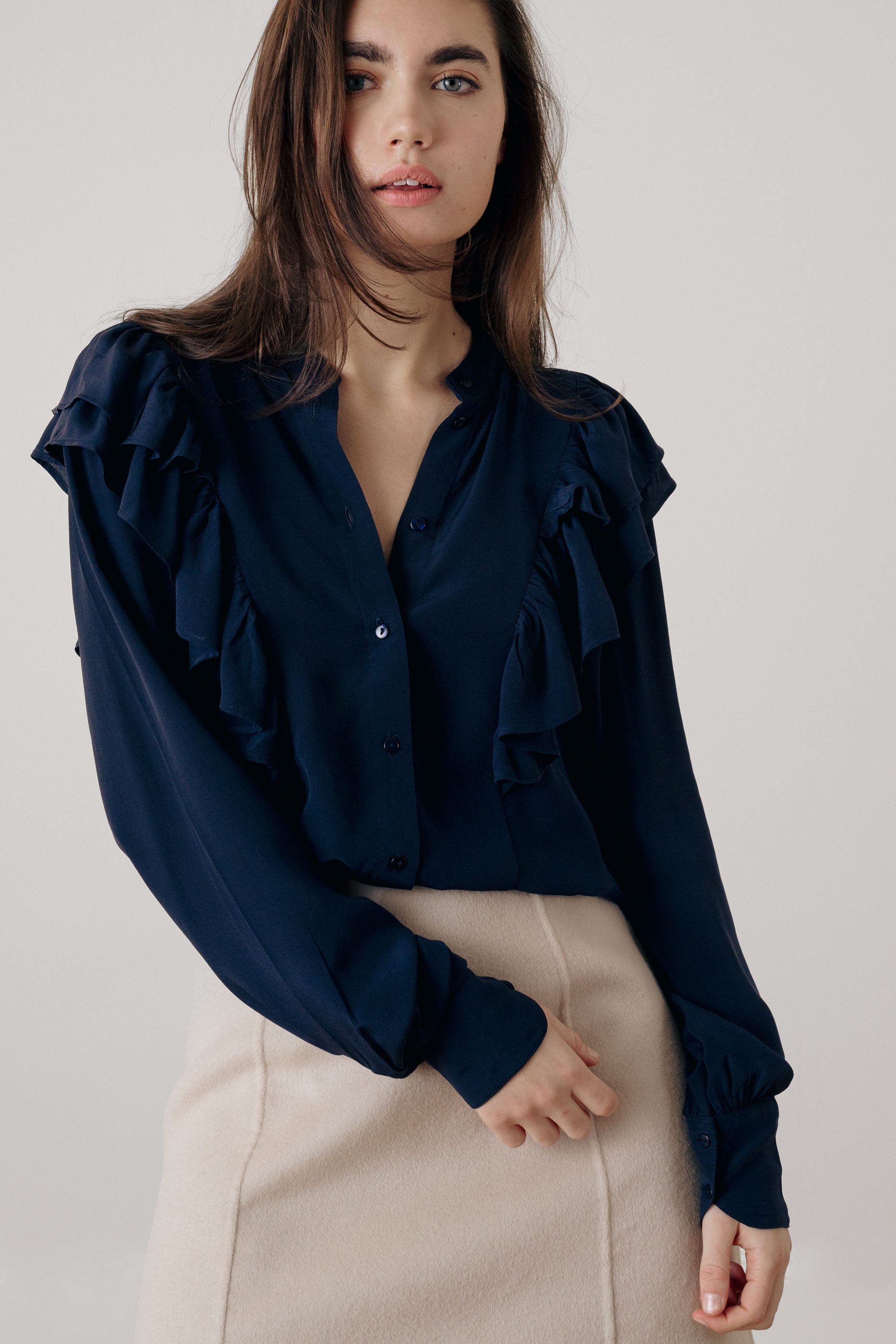 Navy ruffled silk blouse