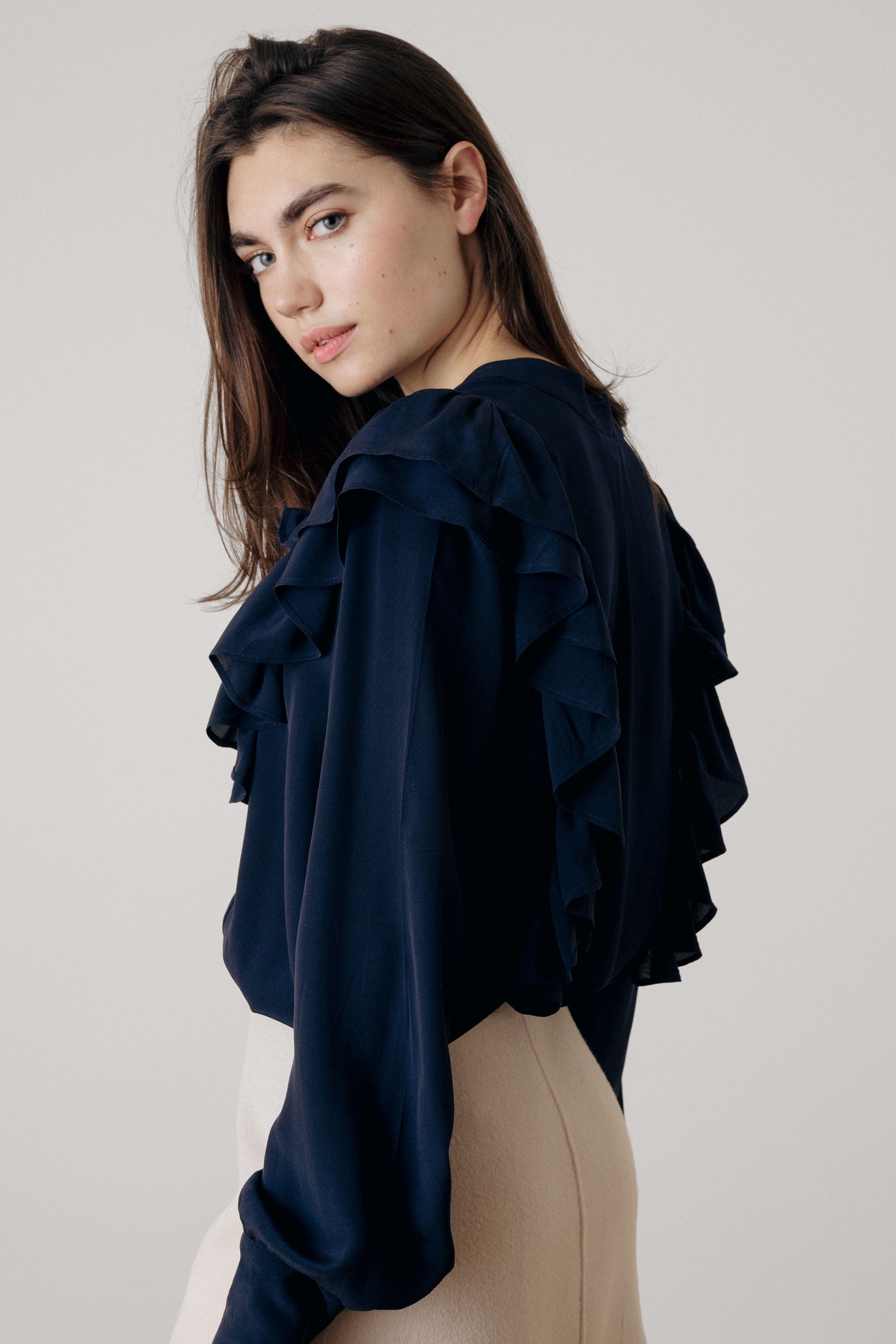 Navy ruffled silk blouse