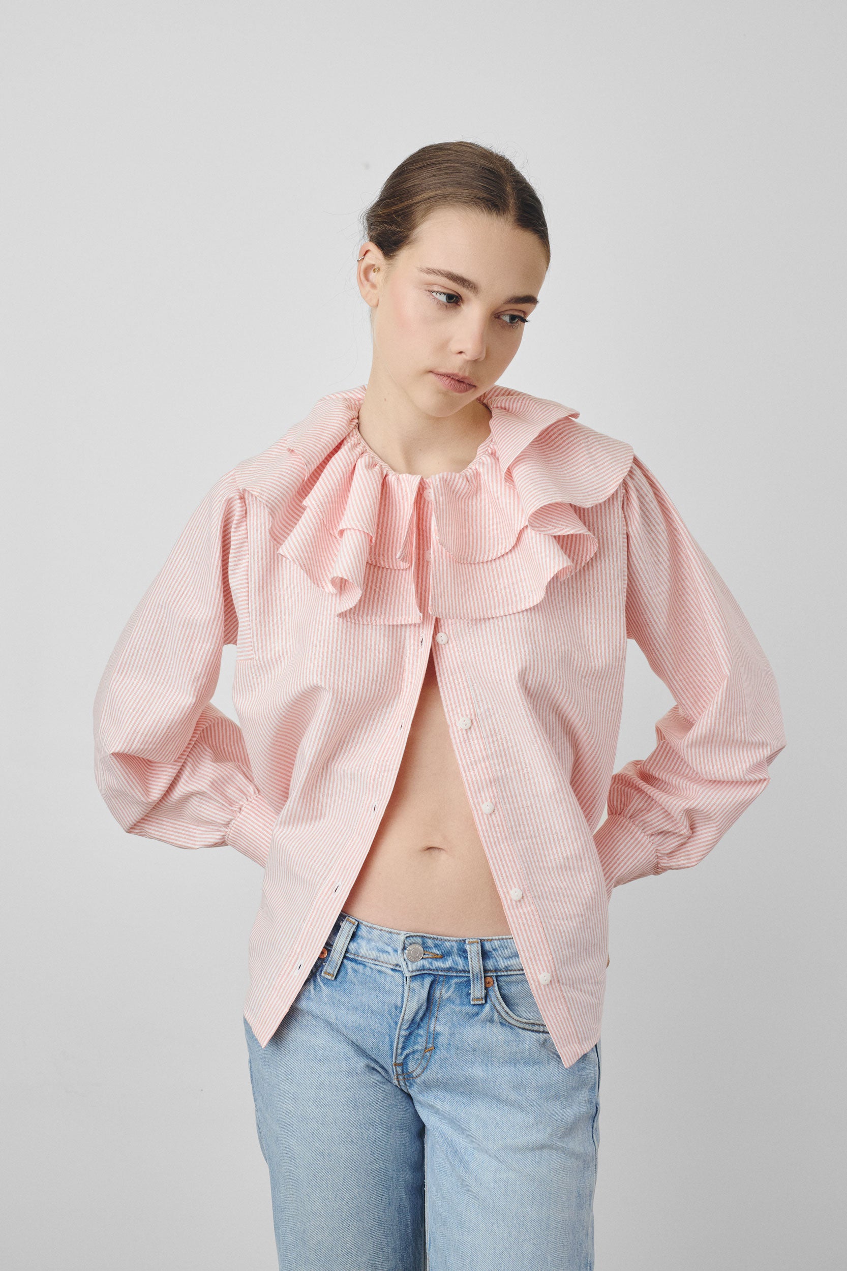 Double ruffled shirt with orange stripes