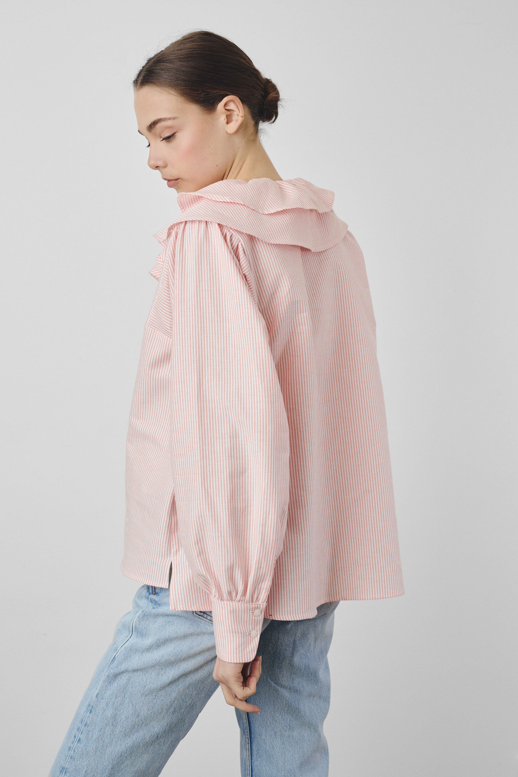 Double ruffled shirt with orange stripes