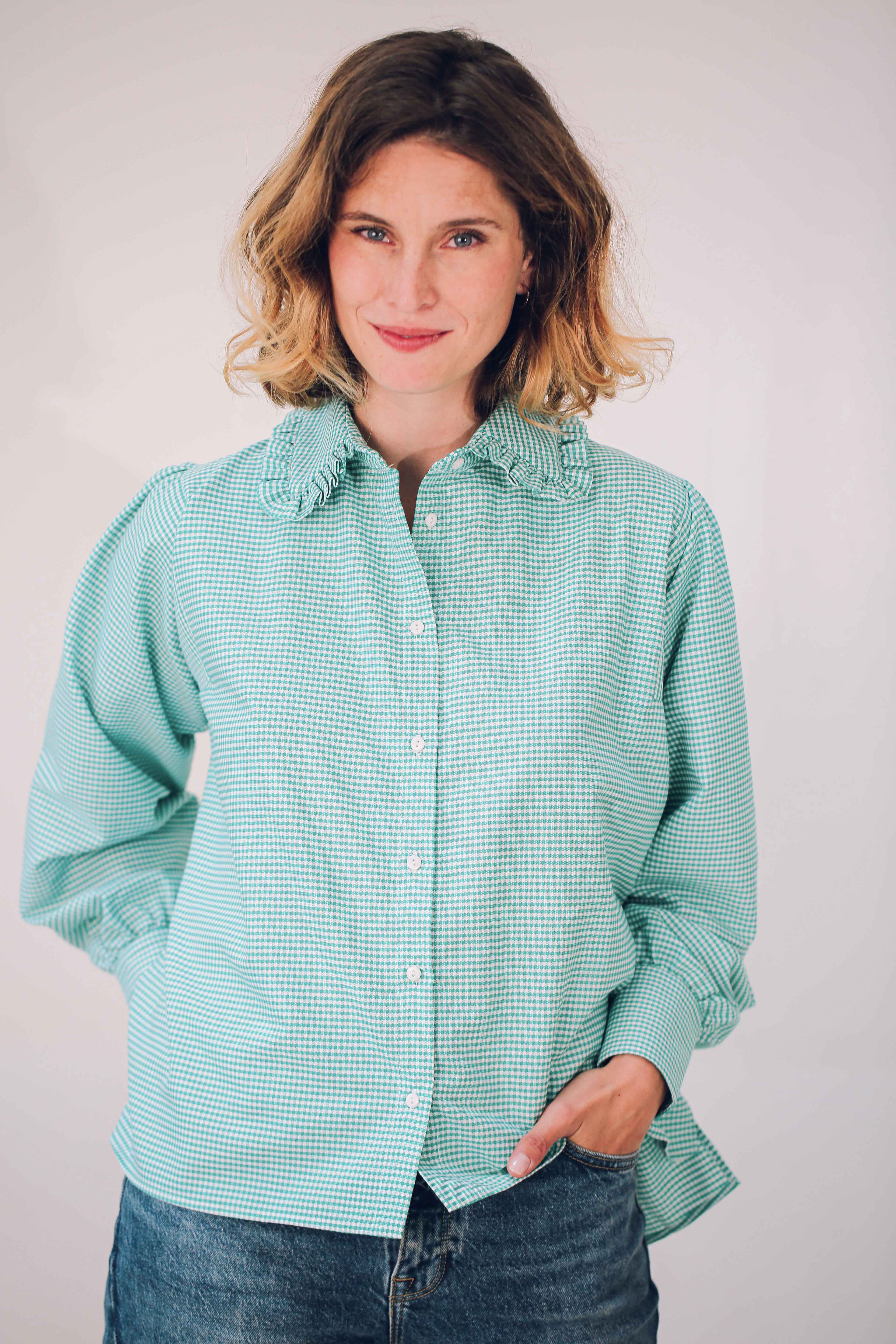 Green stripe shirt with ruffled collar